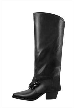 Black Fold Buckle Pointed Toe Knee Boots