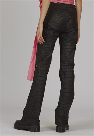 RARE VINTAGE 90'S CAVALLI BLACK COATED CROCODILE PRINT JEANS
