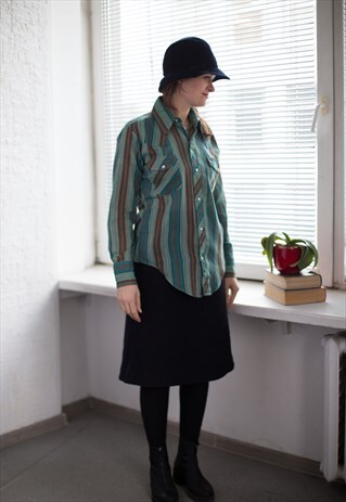 VINTAGE 80'S GREEN STRIPED WESTERN STYLE SHIRT