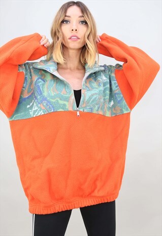 VINTAGE 90S OVERSIZED 1/4 ZIP ORANGE PATTERNED FLEECE