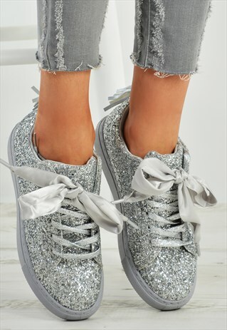 SILVER GLITTER SPARKLE FRINGE LACE UP TRAINERS SHOES