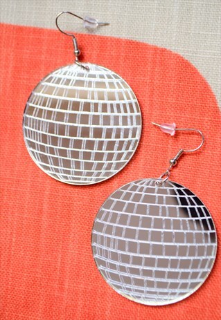DISCO BALL MIRROR EARRINGS - ACRYLIC 70'S PARTY SILVER RAVE