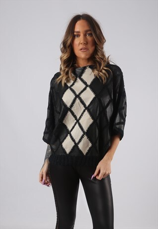 90'S LEATHER TOP JUMPER SWEATSHIRT PATCHWORK UK 10 (CKHT)