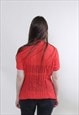 VINTAGE MESH TEXTURED BLOUSE, RUFFLE RED SHIRT MEDIUM SIZE