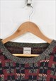 VINTAGE KNITTED JUMPER PATTERNED BURGUNDY/NAVY MEDIUM
