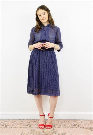 VINTAGE 90S NAVY BLUE CHIFFON PLEATED MIDI DRESS