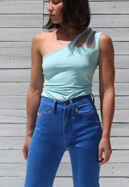 Deadstock light blue cut out one shoulder stretch top.