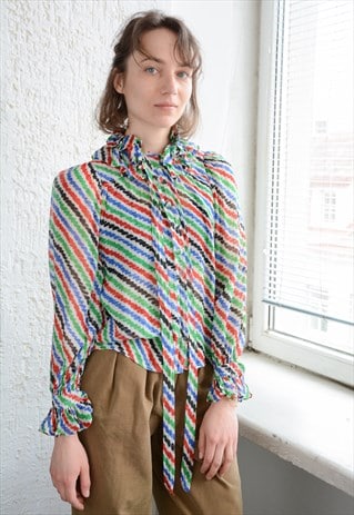 VINTAGE 60'S AUTHENTIC MULTICOLOUR SILK RUFFLE TRIM BLOUSE