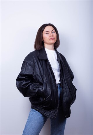 80'S VINTAGE ZIP UP REAL LEATHER JACKET