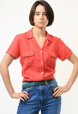 80s Vintage Linen 2 bust pockets Buttons Up Shirt Blouse 383