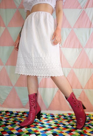 VINTAGE 60S WHITE BRODERIE ANGLAISE EMBROIDERED SLIP SKIRT