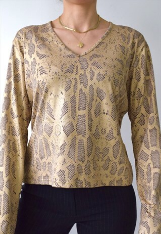 VINTAGE 90S Y2K GOLD SNAKESKIN PRINT V NECK LONG SLEEVED TOP