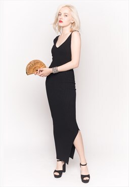 Sleeveless Ribbed Knit Bodycon Dress with Side Split black