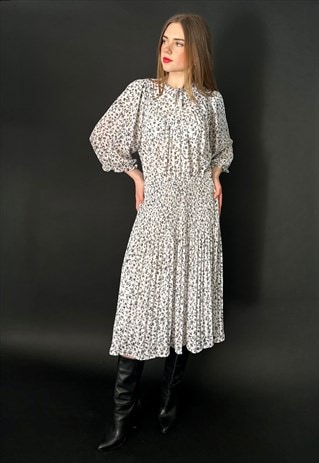 80'S VINTAGE LADIES BLACK WHITE FLORAL 3/4 SLEEVE MIDI DRESS