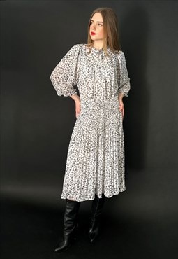 80's Vintage Ladies Black White Floral 3/4 Sleeve Midi Dress