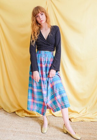 VINTAGE 70S BLUE PLAID COTTON MAXI LONG BUTTON SKIRT