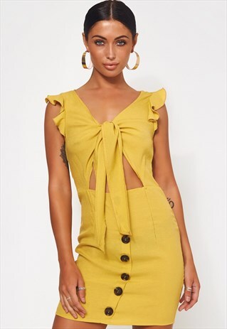 LULA MUSTARD TIE FRONT BUTTON DRESS