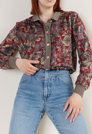 Vintage 70s Boho Button Up Floral Velvet Women Cardigan S