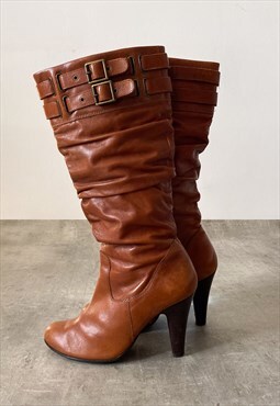  Vintage Y2K 00s brown high heel real leather boots 