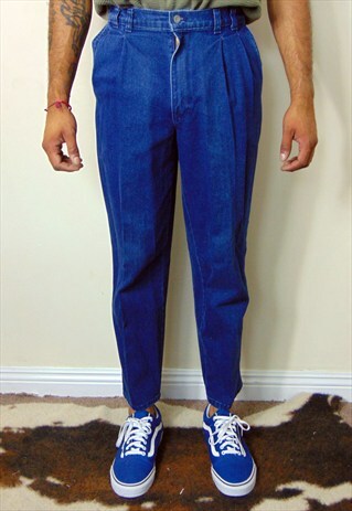90S CLASSIC MINIMALIST DARK DENIM CROPPED PLEATED TROUSERS
