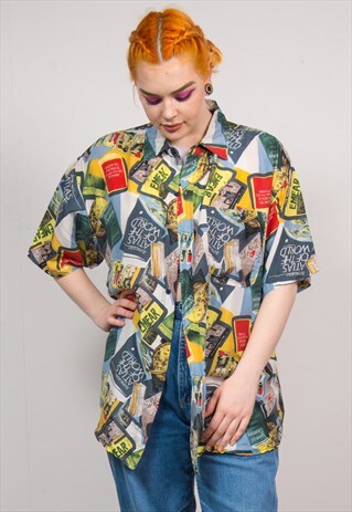 VINTAGE 90'S COLOURFUL BOOK PATTERN OVERSIZED SHIRT
