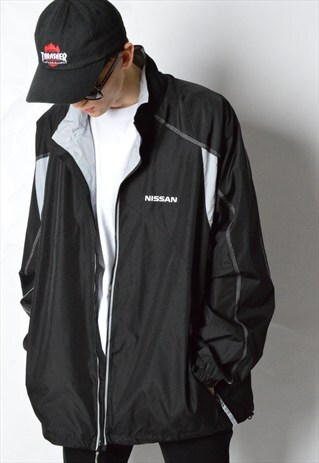 BLACK MINIMALIST EMBROIDERED NISSAN WINDBREAKER JACKET
