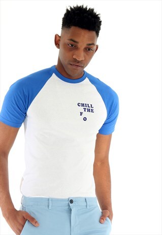 CHILL THE FO WHITE AND BLUE BASEBALL TSHIRT