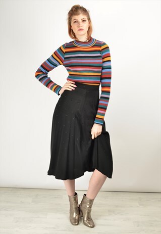 VINTAGE 80S A-LINE MIDI SKIRT IN BLACK JACQUARD