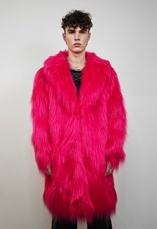 NEON PINK FESTIVAL COAT FAUX FUR FLUORESCENT SHAGGY TRENCH 