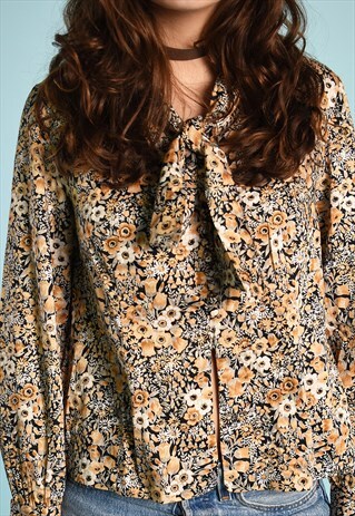 90'S RETRO FLORAL PRINT TIE UP FESTIVAL SHIRT TOP