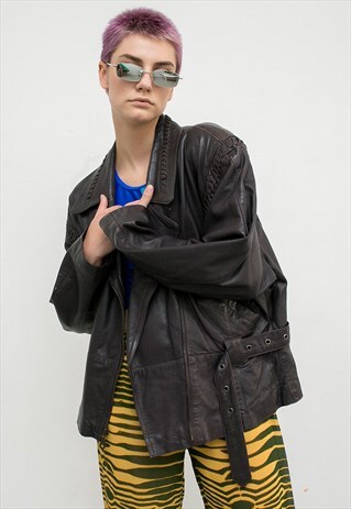 VINTAGE DARK PURPLE LOOSE LEATHER BIKER JACKET WITH BELT