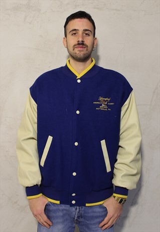 CREAM & BLUE VINTAGE MV SPORT PADDED VARSITY JACKET