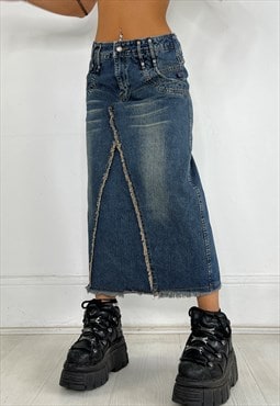 Vintage 90s Skirt Midi Denim Distressed Long Y2k Summer 00s