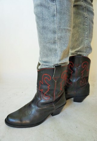 VINTAGE BLACK GENUINE LEATHER COWBOY WESTERN BOOTS SHOES