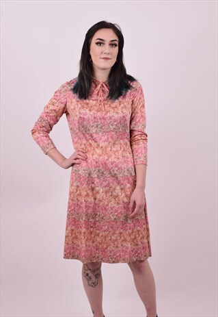 VINTAGE 70'S CUTE CRAZY PRINT PINK SHIFT DRESS SIZE 12 TO 14