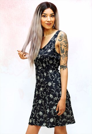 1990S VINTAGE BLACK MINI DRESS WITH BIEGE FLORAL PATTERN