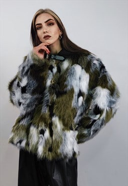 Short jacquard fur jacket green shaggy mink coat fuzzy