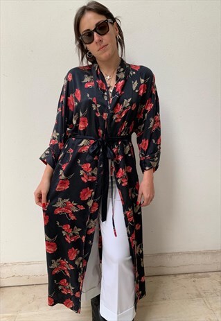 VINTAGE 80S FLORAL PRINT SATIN MAXI KIMONO WITH BELT