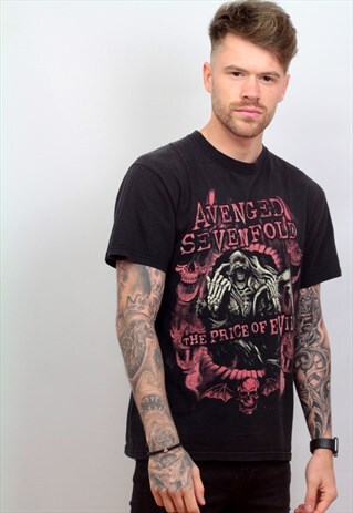 VINTAGE GRAPHIC AVENGE SEVENFOLD PRINT T-SHIRT IN BLACK