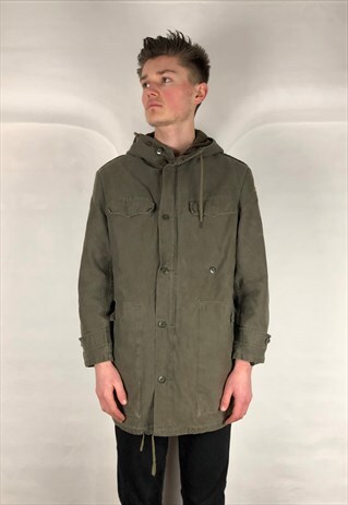 VINTAGE 90'S KHAKI GERMAN HOODED ARMY PARKA LINED COAT MED