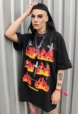 Burning cross print tee graffiti flame grunge t-shirt black