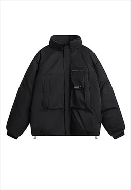 Utility bomber cargo pocket puffer mountain jacket in black