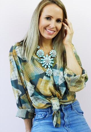 VINTAGE 80'S RETRO ABSTRACT PRINT SATIN SHIRT BLOUSE