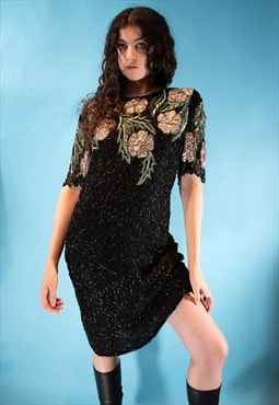Vintage 1980s Size M Sequin Embellished Dress in Black.