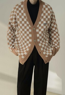 Men's retro checkerboard knit cardigan a vol.4