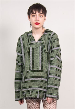 VINTAGE 90'S GREEN STRIPED FESTIVAL BAJA HOODIE