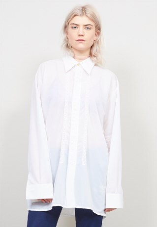 VINTAGE OVERSIZED 70'S SEMI-SHEER EMBROIDERED WHITE SHIRT