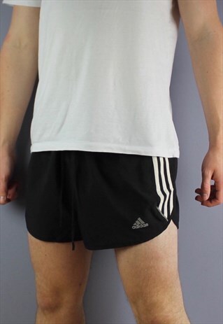 VINTAGE ADIDAS RUNNER SHORTS IN BLACK WITH PRINTED LOGO AND