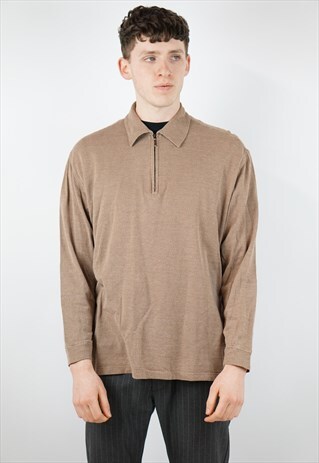 VINTAGE HUGO BOSS PATTERNED BROWN ZIP-UP SHIRT
