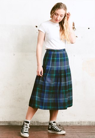 VINTAGE 90S PLAID WOOL MIDI SKIRT
